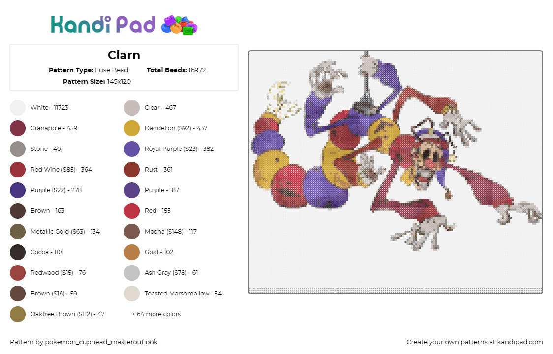 Clarn - Fuse Bead Pattern by pokemon_cuphead_masteroutlook on Kandi Pad - clown,pokemon,fakemon,character,gaming,spooky,red