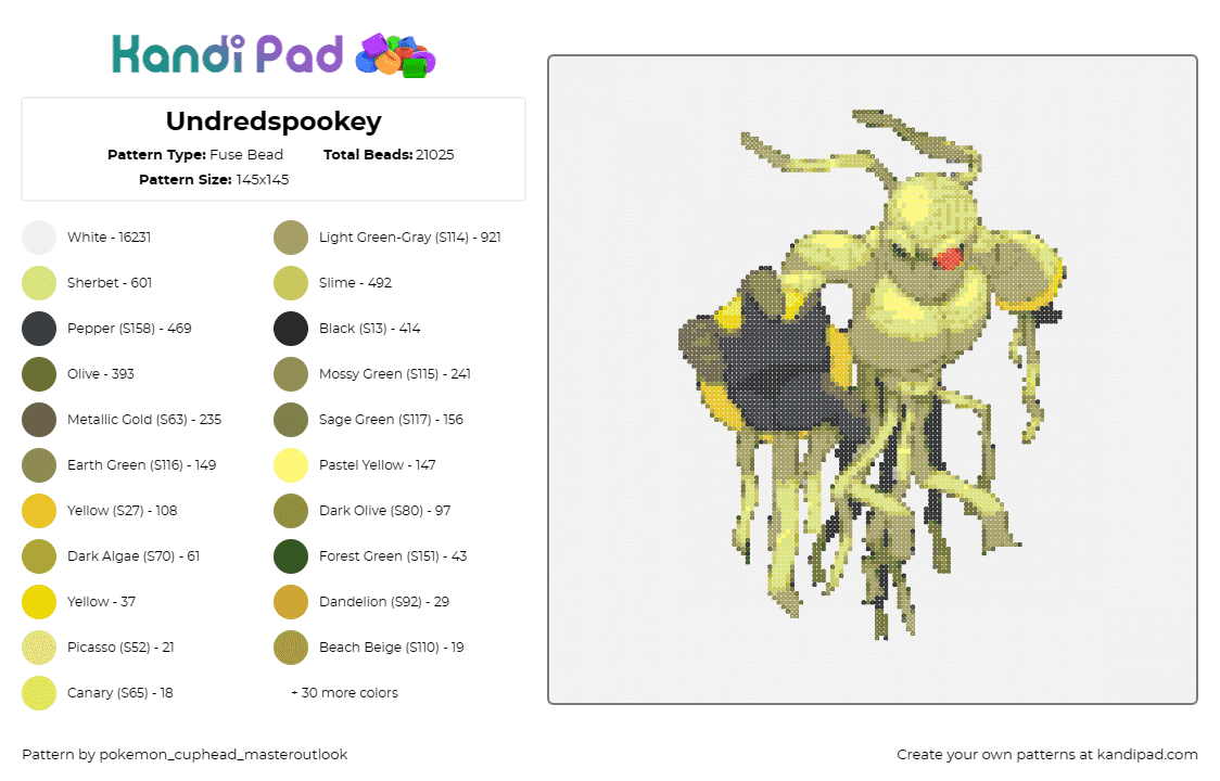 Undredspookey - Fuse Bead Pattern by pokemon_cuphead_masteroutlook on Kandi Pad - undredspookey,pokemon,fakemon,character,gaming,mummy,green