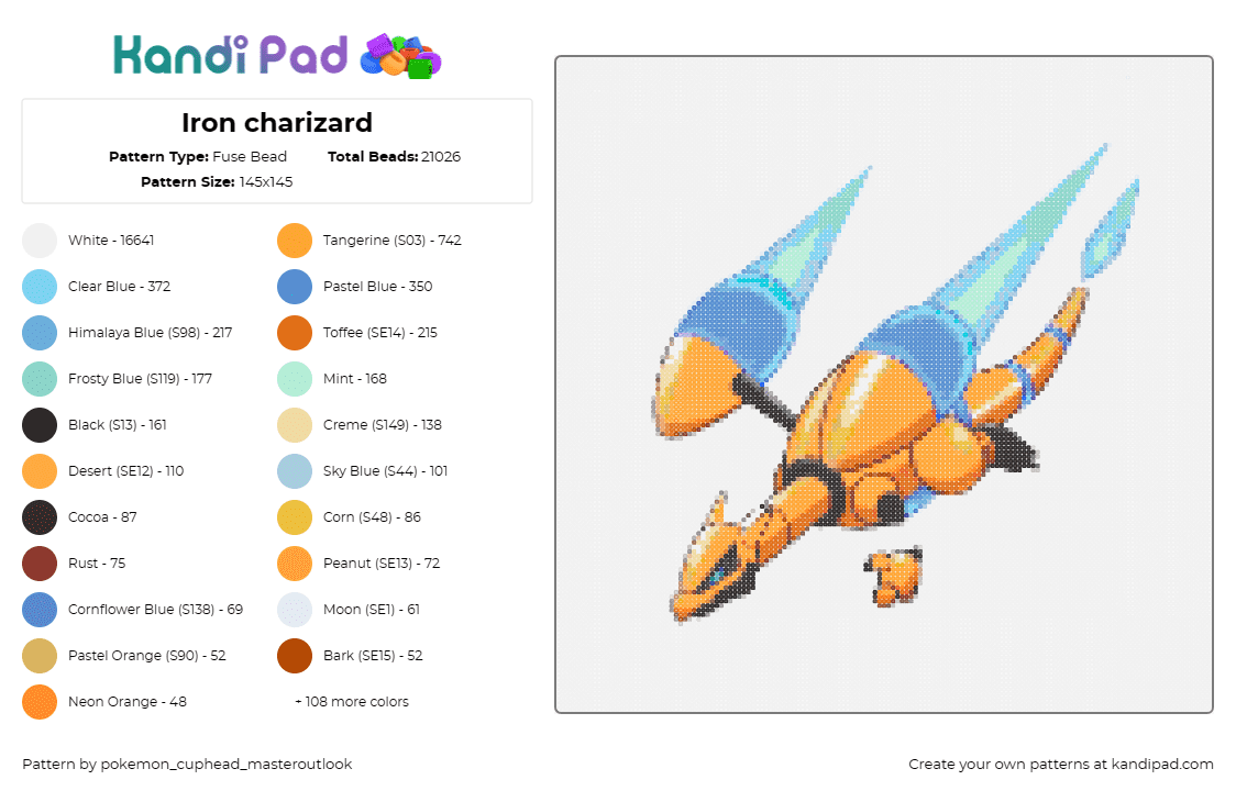 Iron charizard - Fuse Bead Pattern by pokemon_cuphead_masteroutlook on Kandi Pad - charizard,pokemon,robot,character,gaming,orange,light blue