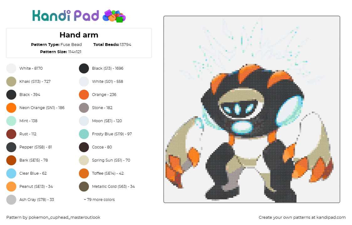 Hand arm - Fuse Bead Pattern by pokemon_cuphead_masteroutlook on Kandi Pad - pokemon,fakemon,robot,character,gaming,white,black,orange