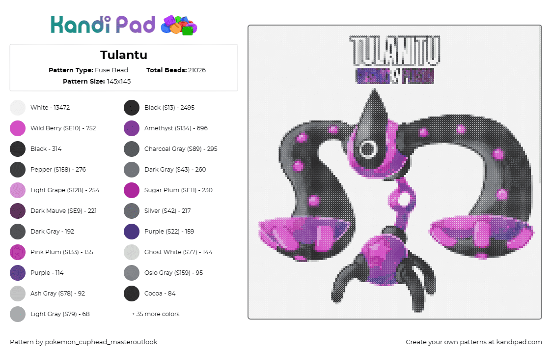 Tulantu - Fuse Bead Pattern by pokemon_cuphead_masteroutlook on Kandi Pad - tulantu,fakemon,pokemon,robot,gaming,character,black,purple,pink