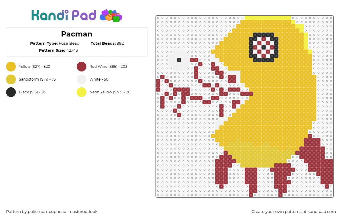 Pacman - Fuse Bead Pattern by pokemon_cuphead_masteroutlook on Kandi Pad - pacman,namco,arcade,video game,creepy,spooky,character,yellow