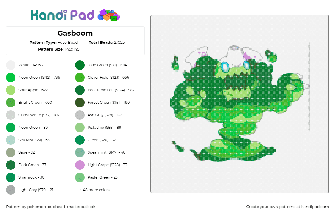 Gasboom - Fuse Bead Pattern by pokemon_cuphead_masteroutlook on Kandi Pad - gasboom,pokemon,fakemon,character,gaming,gooey,green