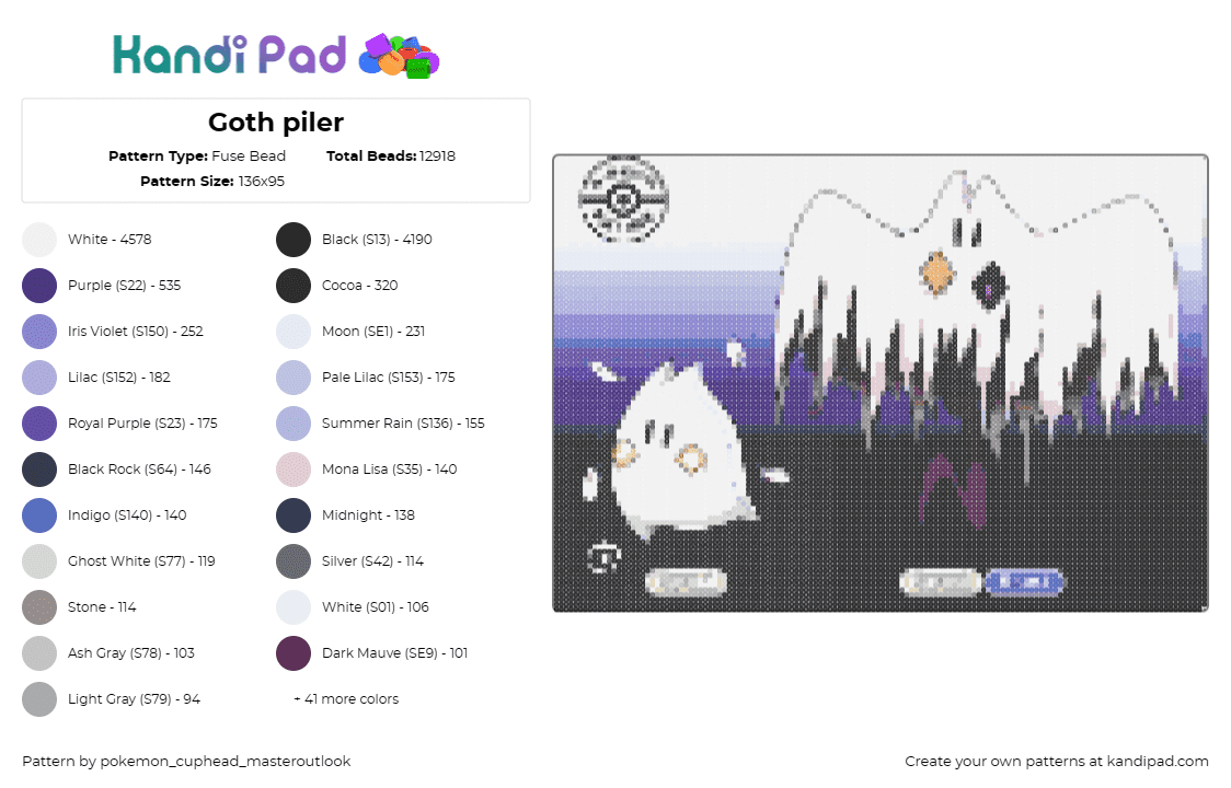 Goth piler - Fuse Bead Pattern by pokemon_cuphead_masteroutlook on Kandi Pad - ghost,pokemon,fakemon,characters,gaming,spooky,white,black