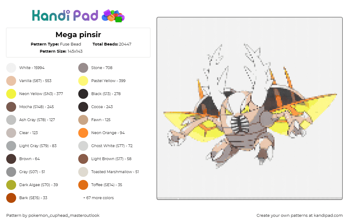 Mega pinsir - Fuse Bead Pattern by pokemon_cuphead_masteroutlook on Kandi Pad - pinsir,pokemon,character,gaming,creature,winged,horns,tan,yellow