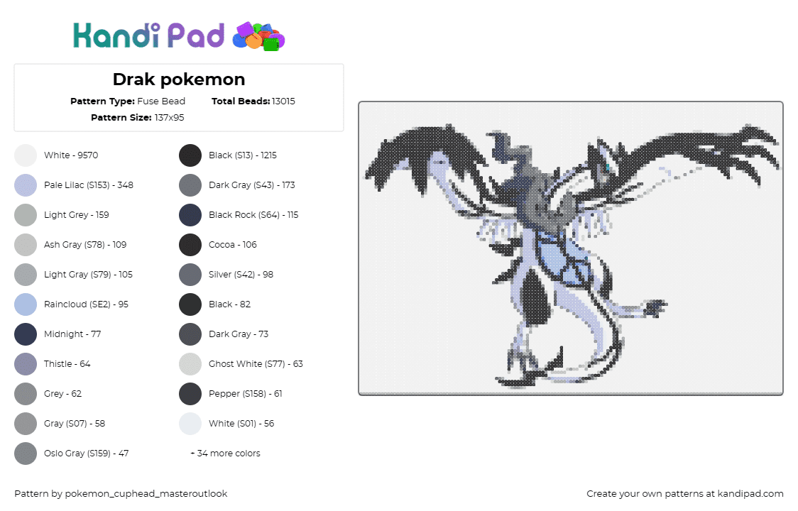 Drak pokemon - Fuse Bead Pattern by pokemon_cuphead_masteroutlook on Kandi Pad - drak,pokemon,fakemon,character,gaming,white,black