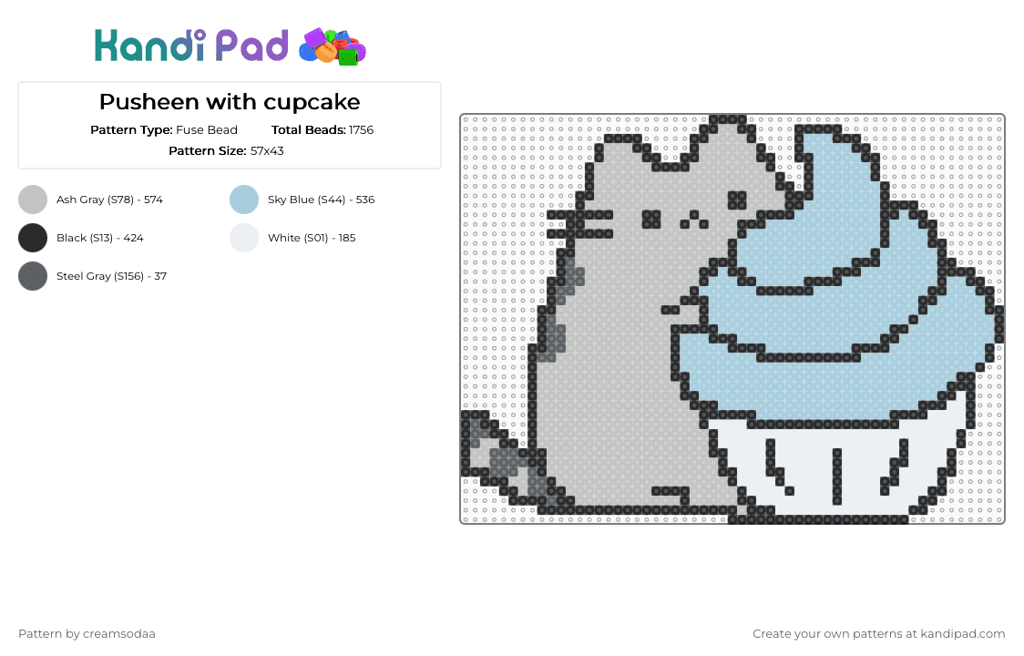 Pusheen with cupcake - Fuse Bead Pattern by creamsodaa on Kandi Pad - light blue,beige,dessert,pusheen,sweet,cute,kawaii,cupcake,cat