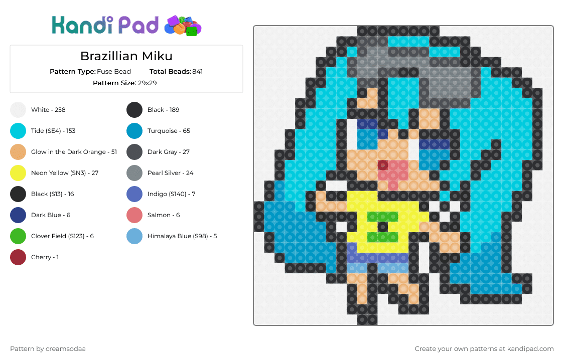 Brazillian Miku - Fuse Bead Pattern by creamsodaa on Kandi Pad - white,gray,light blue,orange,miku,vocaliod,brazil,tan,summer,glasses,cute,kawaii