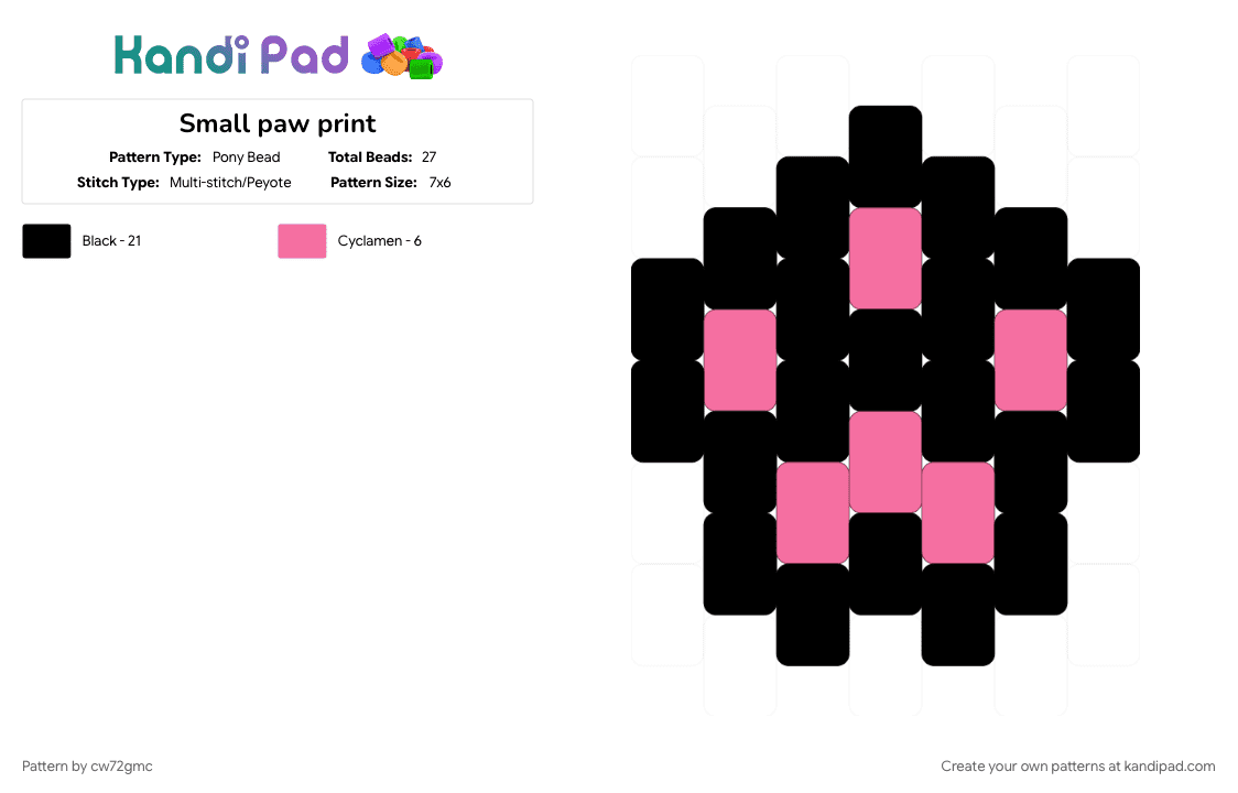 Small paw print - Pony Bead Pattern by cw72gmc on Kandi Pad - black, cat, cotdminiatures, cute, paw, paw pad, paw print, paw prints, paws