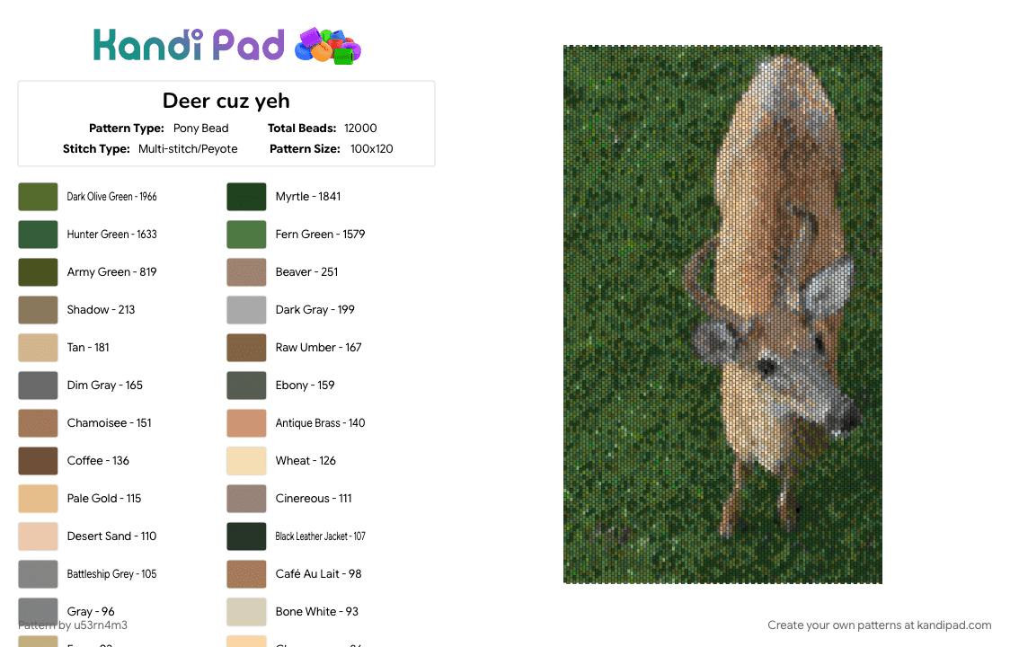 Deer cuz yeh - Pony Bead Pattern by deleted_user_59756 on Kandi Pad - colorful, deer, gold, gray, green, pannel, rudolph, tan