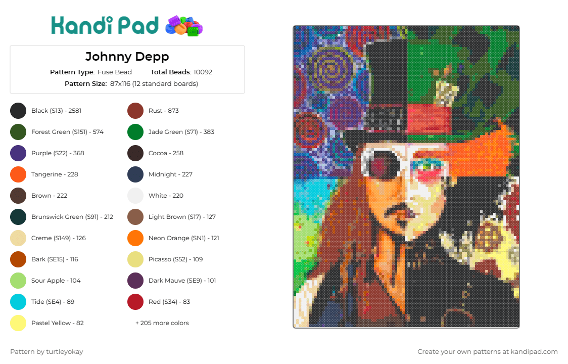 Johnny Depp - Fuse Bead Pattern by turtleyokay on Kandi Pad - johnny depp,actor,portrait,captain jack sparrow,mad hatter,edward scissorhands,willy wonka,colorful