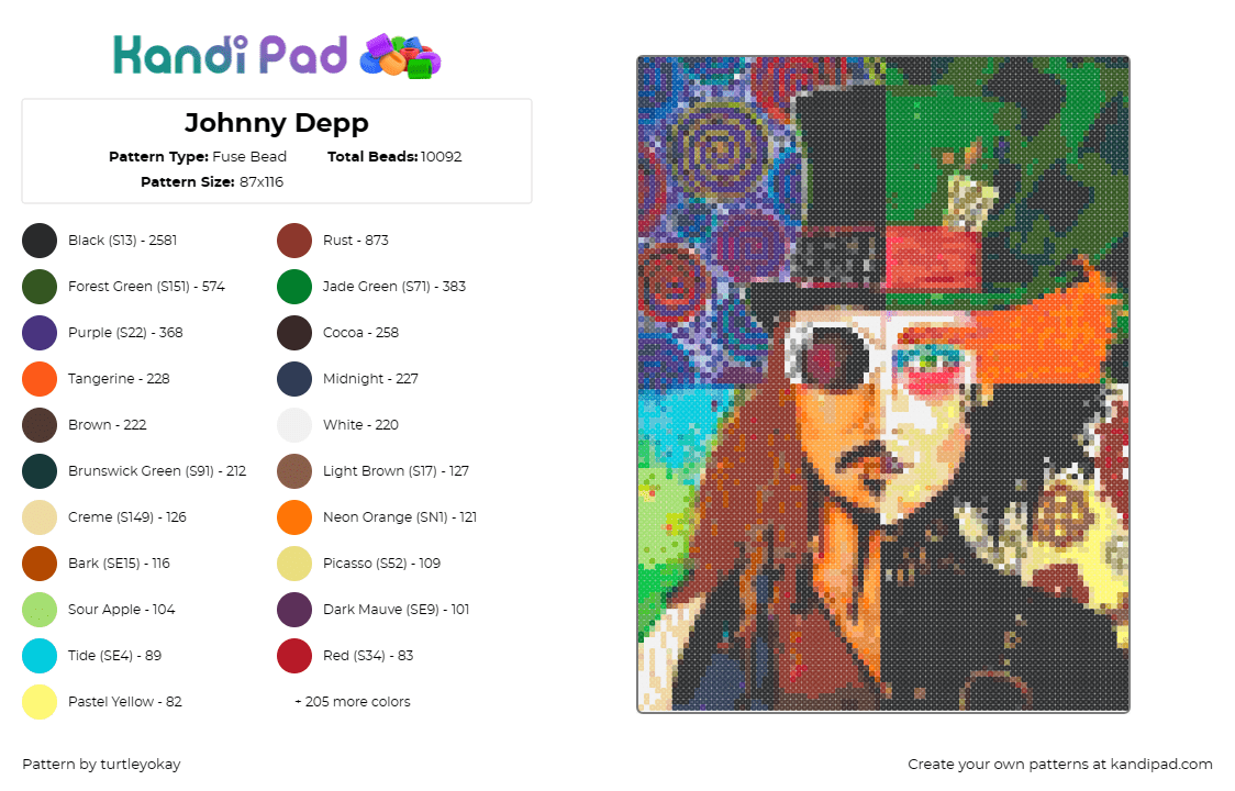 Johnny Depp - Fuse Bead Pattern by turtleyokay on Kandi Pad - johnny depp,actor,portrait,captain jack sparrow,mad hatter,edward scissorhands,w