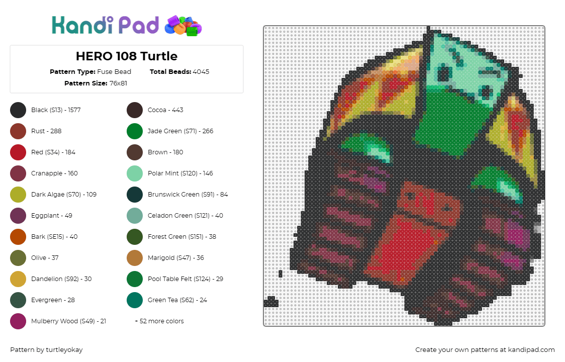 HERO 108 Turtle - Fuse Bead Pattern by turtleyokay on Kandi Pad - hero 108,turtle,tank,tv show,animation,character,green,red,yellow