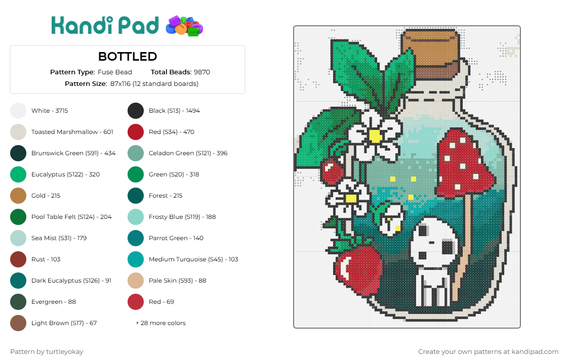 BOTTLED - Fuse Bead Pattern by turtleyokay on Kandi Pad - bottle,spirited away,jar,cork,ghibli,anime,strawberry,mushroom,leaves,teal,red