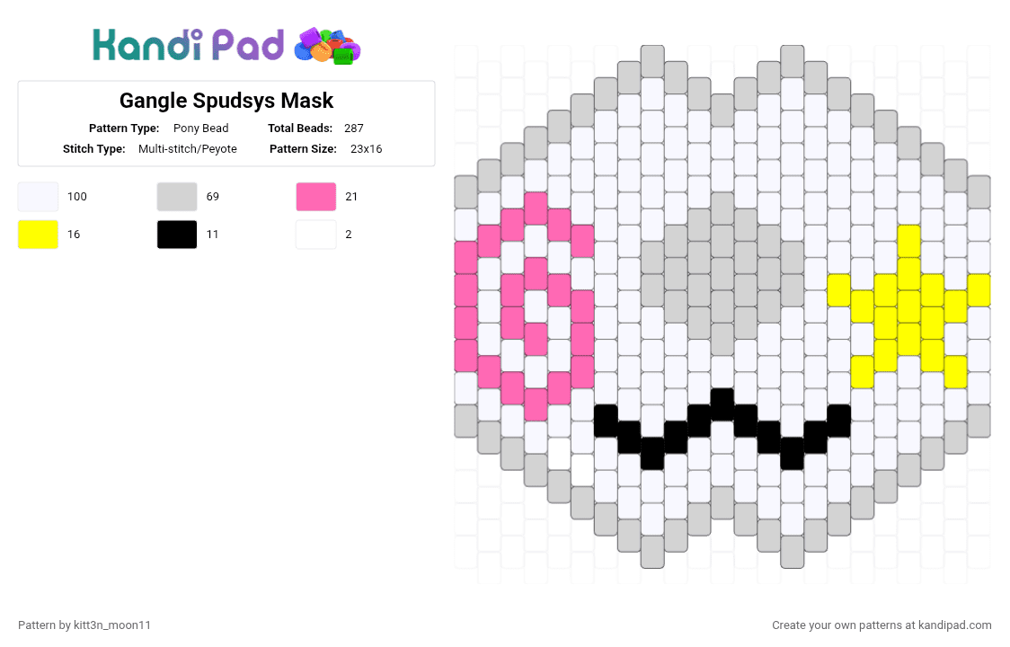 Gangle Spudsys Mask - Pony Bead Pattern by kitt3n_moon11 on Kandi Pad - pink, white, yellow