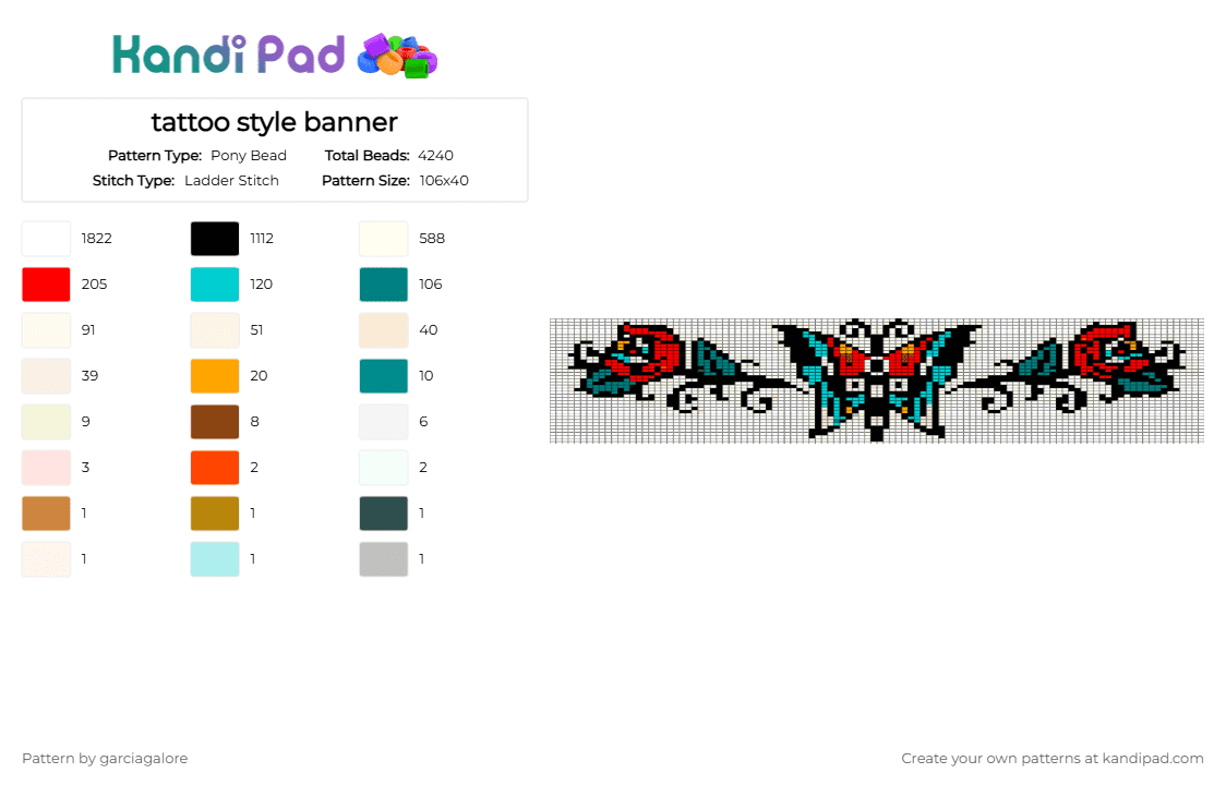 tattoo style banner - Pony Bead Pattern by garciagalore on Kandi Pad - light blue, red, teal, white