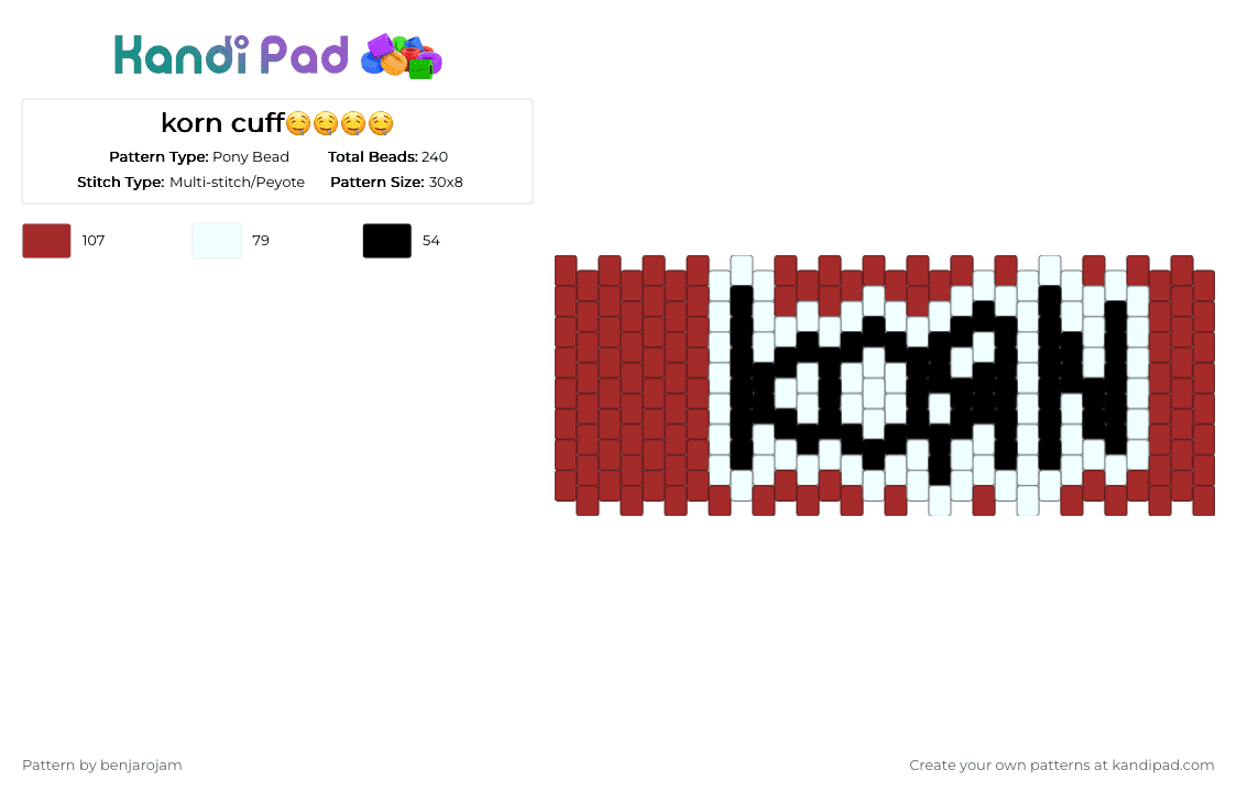 korn cuff🤤🤤🤤🤤 - Pony Bead Pattern by benjarojam on Kandi Pad - red, white