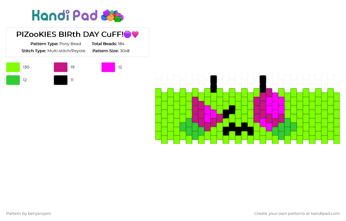PIZooKIES BIRth DAY CuFF!🟣🩷 - Pony Bead Pattern by benjarojam on Kandi Pad - zim,green