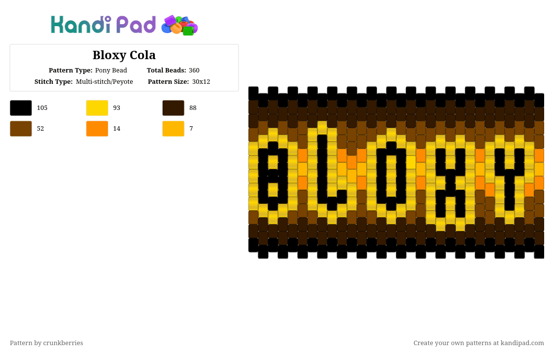 Bloxy Cola - Pony Bead Pattern by crunkberries on Kandi Pad - brown,yellow,bloxy cola,roblox