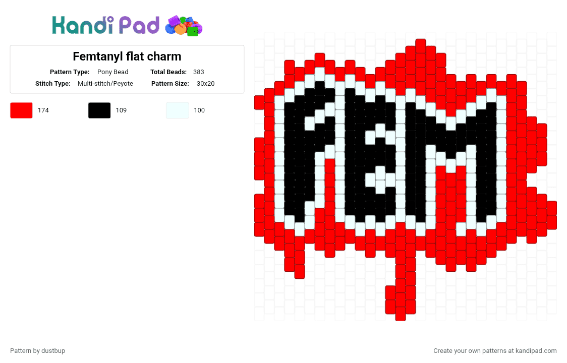 Femtanyl flat charm - Pony Bead Pattern by dustbup on Kandi Pad - red, white