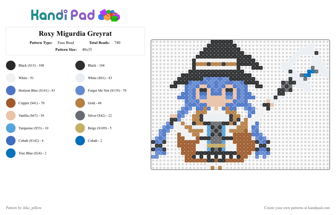 Roxy Migurdia Greyrat - Fuse Bead Pattern by ilike_pillow on Kandi Pad - tan,blue,mage,anime,girl