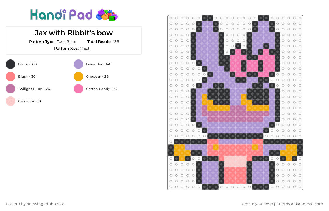 Jax with Ribbit’s bow - Fuse Bead Pattern by onewingedphoenix on Kandi Pad - jax, pink, ribbit, tadc, the amazing digital circus