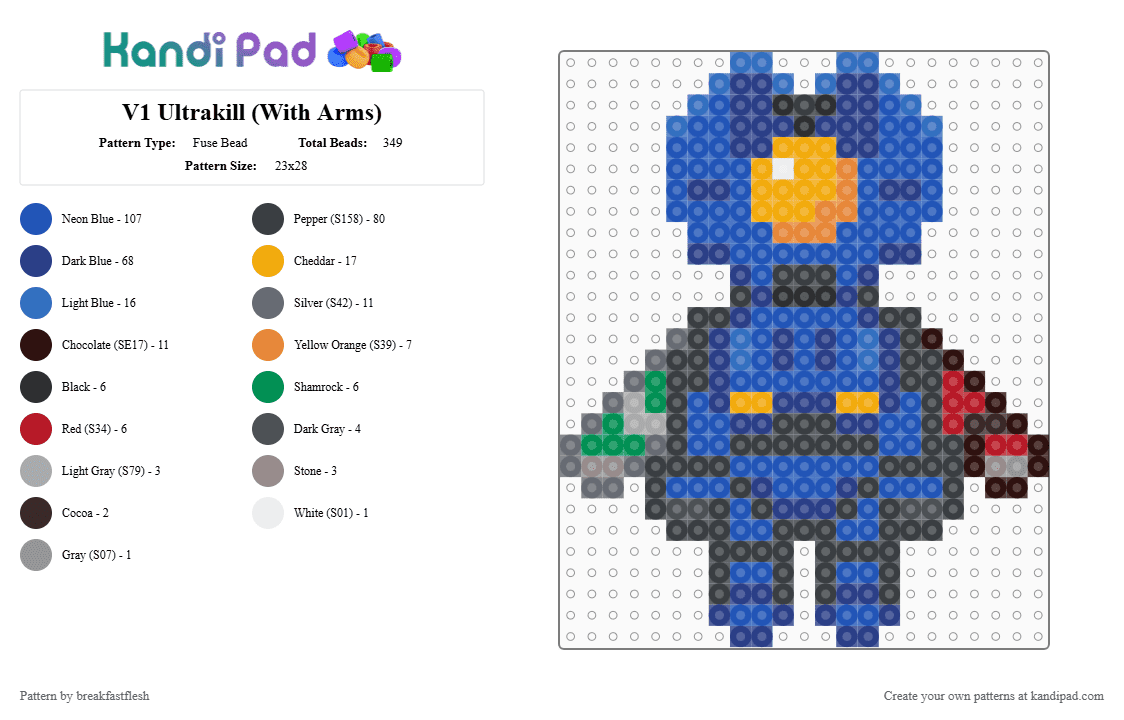 V1 Ultrakill (With Arms) - Fuse Bead Pattern by breakfastflesh on Kandi Pad - blue, ultrakill