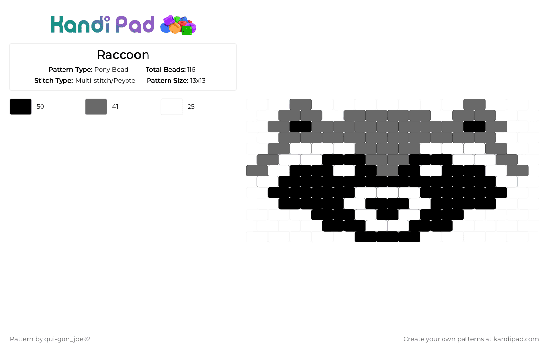 Raccoon - Pony Bead Pattern by qui-gon_joe92 on Kandi Pad - white,gray,raccoon,simple,pony bead,peyote