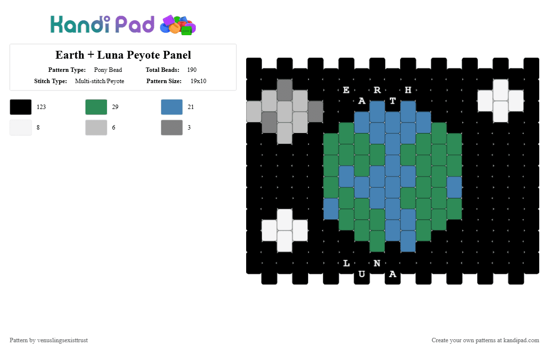 Earth + Luna Peyote Panel - Pony Bead Pattern by venuslingsexisttrust on Kandi Pad - astronomy, black, blue, earth, green, kandi, moon, peyote, solarballs, space