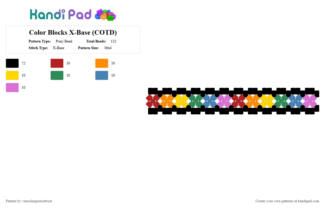 Color Blocks X-Base (COTD) - Pony Bead Pattern by venuslingsexisttrust on Kandi Pad - black,orange,green,pink,colorful,cotdfill,rainbow,xbase,color,cuff