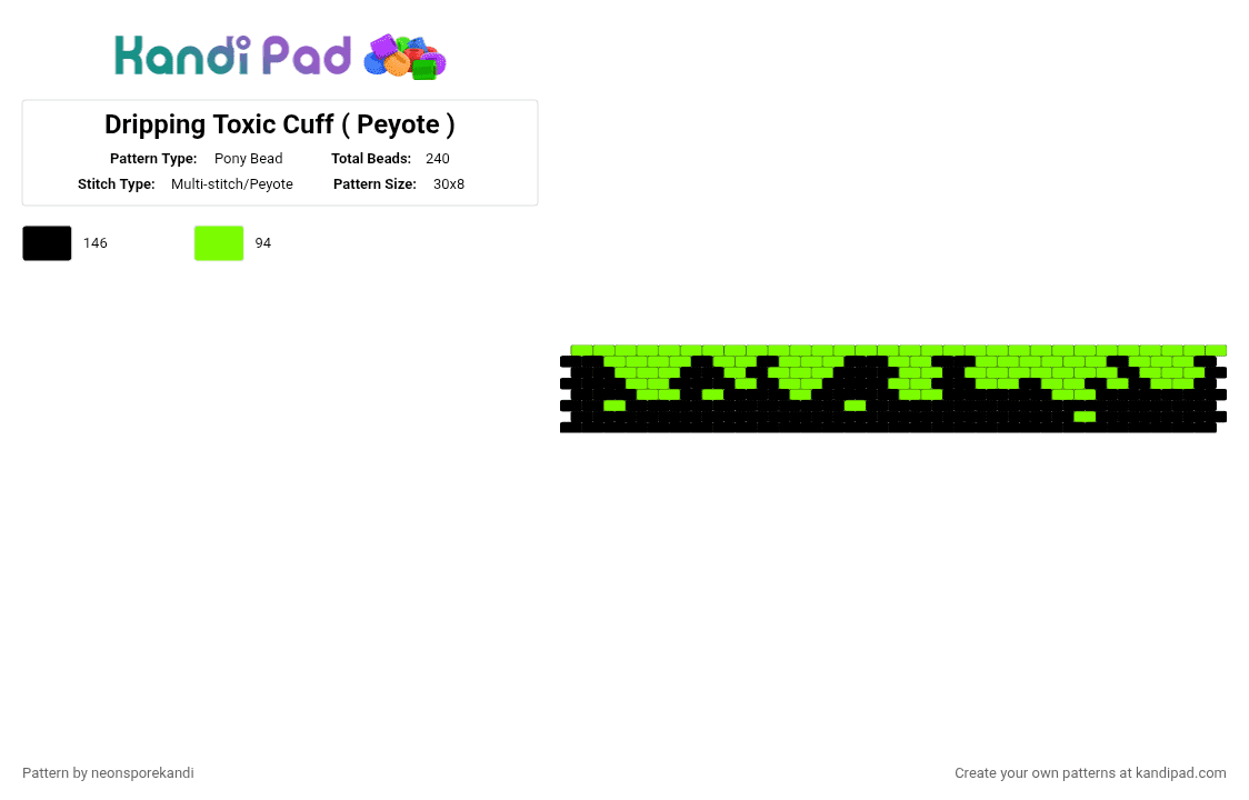 Dripping Toxic Cuff ( Peyote ) - Pony Bead Pattern by neonsporekandi on Kandi Pad - green,black