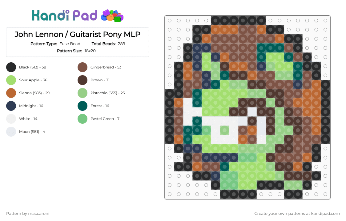 John Lennon / Guitarist Pony MLP - Fuse Bead Pattern by maccaroni on Kandi Pad - beatles, fan design, green, john lennon, mlp, my little pony, rock, tan, the beatles