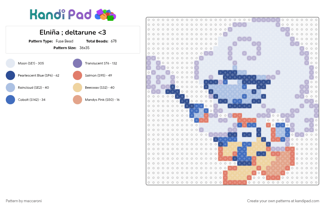 Elniña ; deltarune - Fuse Bead Pattern by maccaroni on Kandi Pad - blue, cloud, deltarune, deltarune chapter 3, demigirl, elnina, gray, lanino, ok, what do i even put here, white