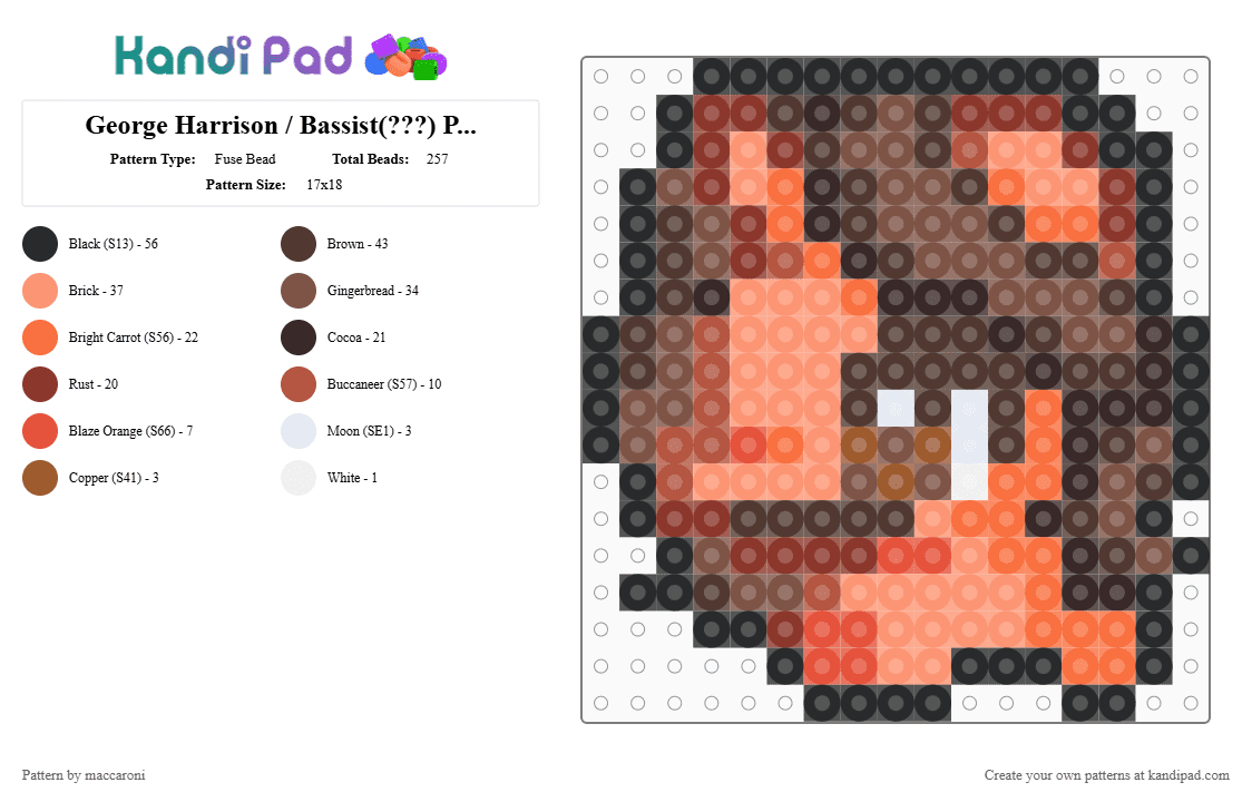 George Harrison / Bassist(???) Pony MLP - Fuse Bead Pattern by maccaroni on Kandi Pad - beatles, brown, fan design, george harrison, idk i got bored, mlp, my little pony, orange, rock, the beatles