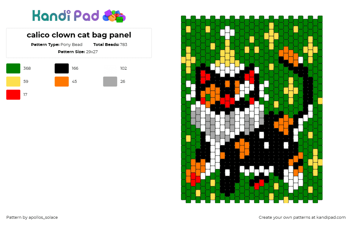 calico clown cat bag panel - Pony Bead Pattern by apollos_solace on Kandi Pad - clown,cat,party,stars,bag,panel,animal,black,orange,green,yellow