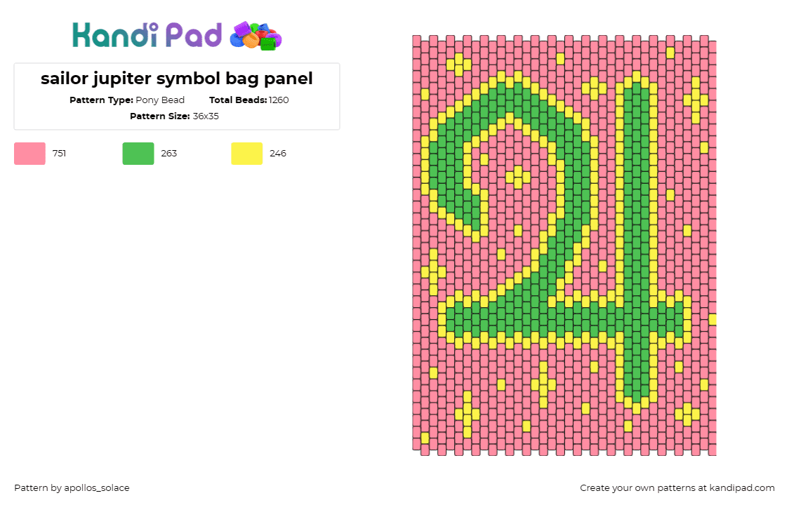 sailor jupiter symbol bag panel - Pony Bead Pattern by apollos_solace on Kandi Pad - sailor jupiter,sailor moon,bag,panel,anime,character,symbol,pink,green