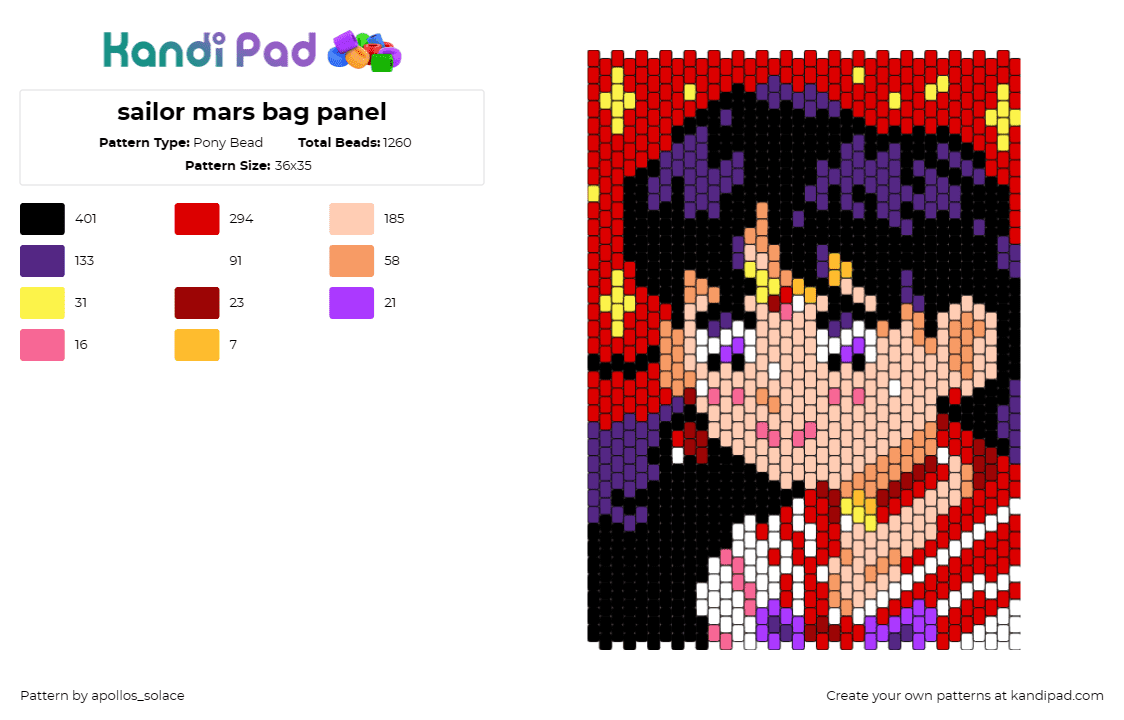 sailor mars bag panel - Pony Bead Pattern by apollos_solace on Kandi Pad - sailor mars,sailor moon,bag,anime,detailed,magic,character,red