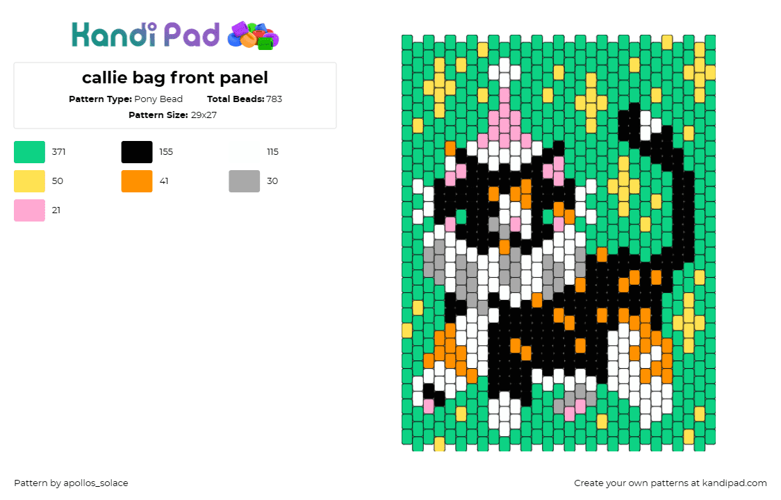 callie bag front panel - Pony Bead Pattern by apollos_solace on Kandi Pad - clown,cat,party,sparkles,panel,animal,green. black