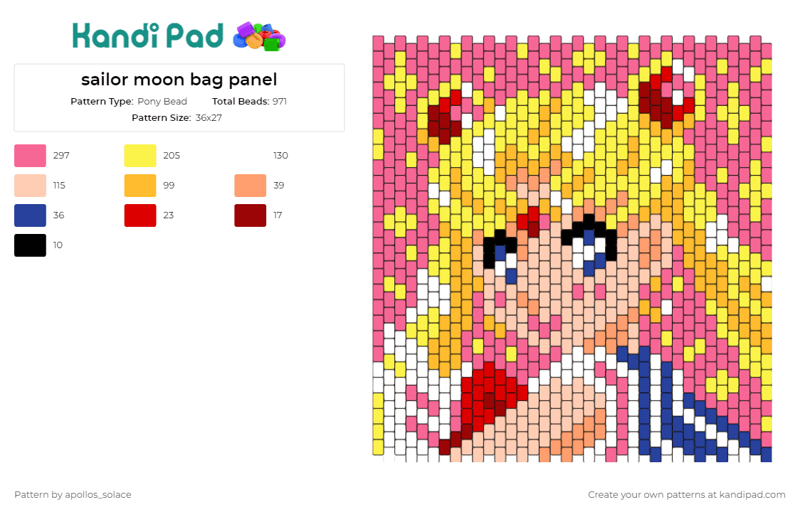 sailor moon bag panel - Pony Bead Pattern by apollos_solace on Kandi Pad - sailor moon,bag,panel,anime,character,magical girl,manga,accessory,blonde,pink,yellow