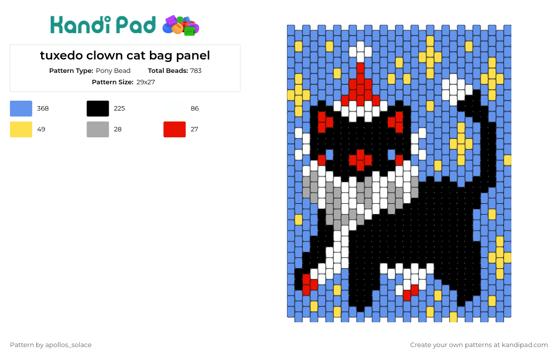 tuxedo clown cat bag panel - Pony Bead Pattern by apollos_solace on Kandi Pad - clown,cat,party,stars,bag,panel,animal,black,blue,yellow