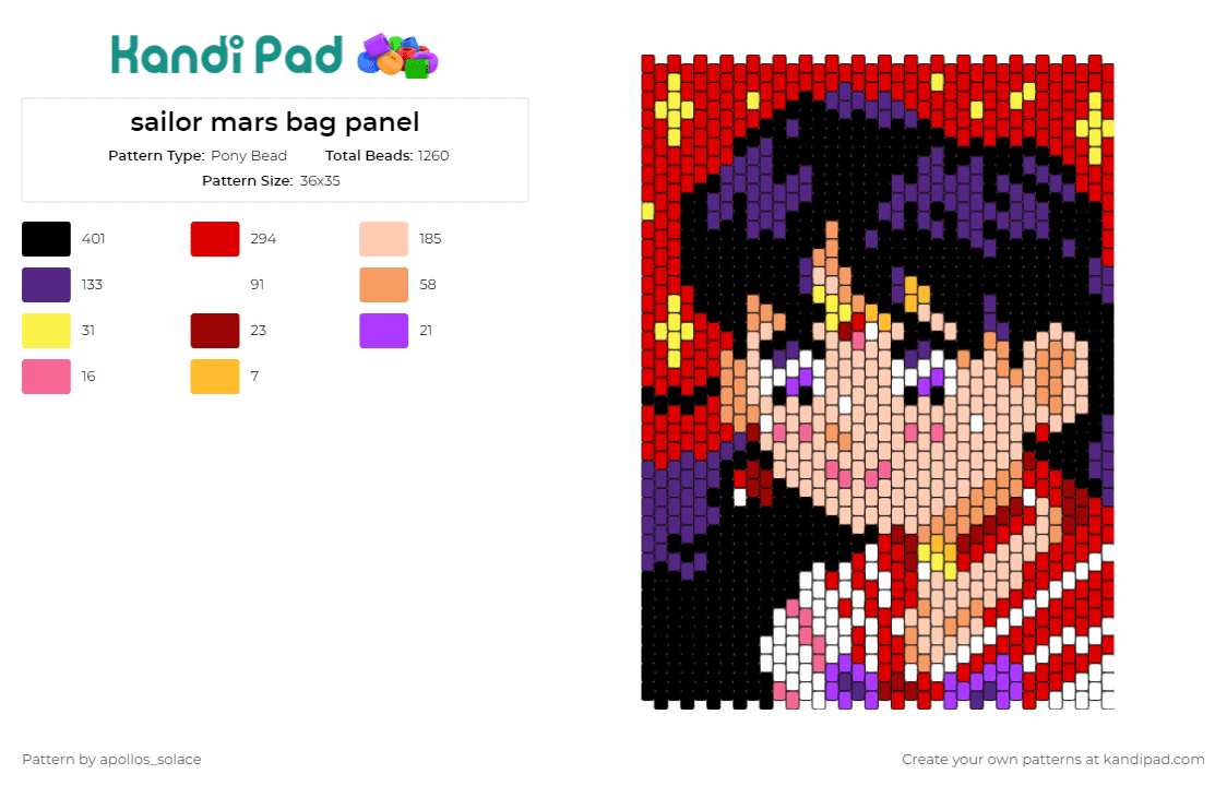 sailor mars bag panel - Pony Bead Pattern by apollos_solace on Kandi Pad - sailor mars,sailor moon,bag,anime,detailed,eye-catching,collection,magic,character,red