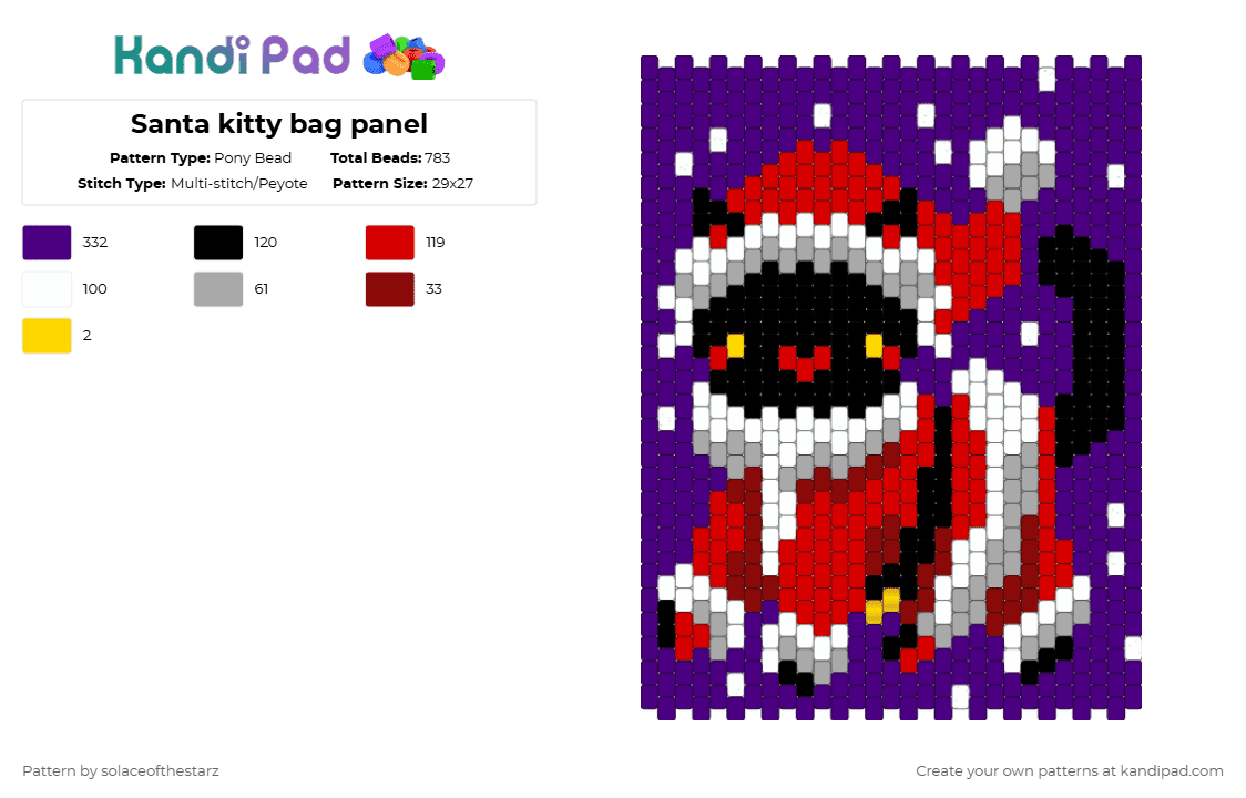 Santa kitty bag panel - Pony Bead Pattern by solaceofthestarz on Kandi Pad - purple,red