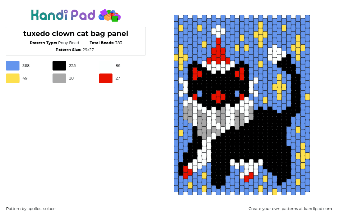 tuxedo clown cat bag panel - Pony Bead Pattern by apollos_solace on Kandi Pad - clown,cat,party,stars,bag,panel,animal,black,blue,yellow