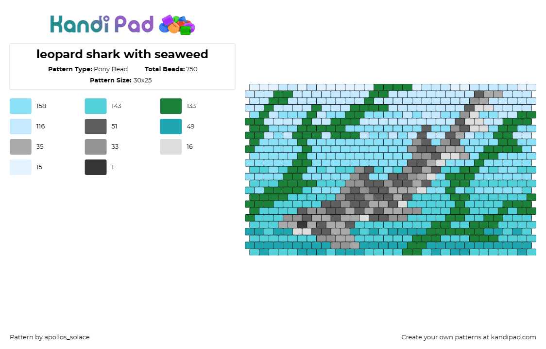 leopard shark with seaweed - Pony Bead Pattern by apollos_solace on Kandi Pad - leopard shark,seaweed,fish,underwater,animal,marine life,tranquil,ocean,admirers