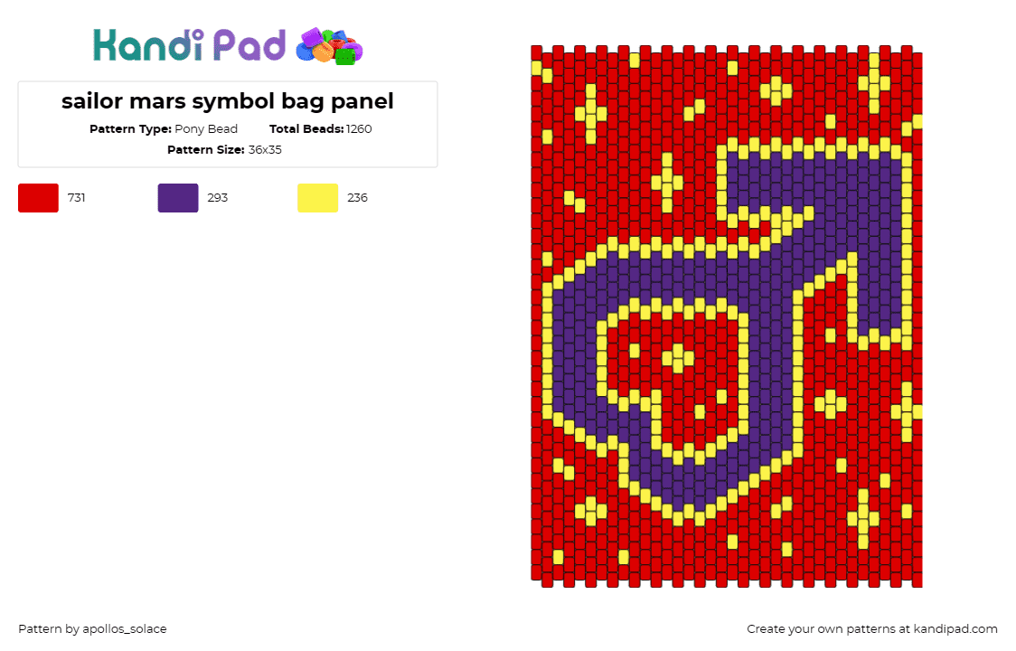 sailor mars symbol bag panel - Pony Bead Pattern by apollos_solace on Kandi Pad - sailor mars,sailor moon,bag,anime,symbol,accessories,panel,red