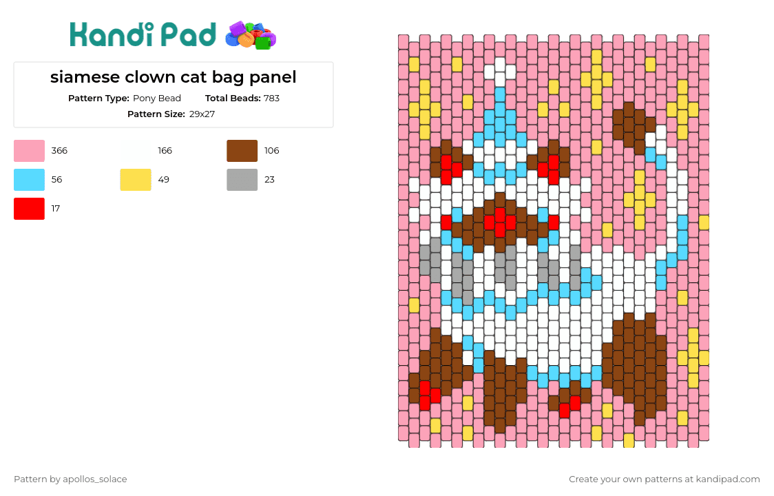 colorpoint clown cat bag panel - Pony Bead Pattern by apollos_solace on Kandi Pad - cat,clown,party,bag,panel,siamese,fun,pink