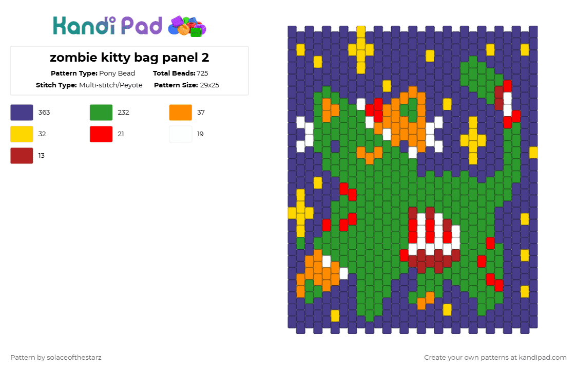 zombie kitty bag panel - Pony Bead Pattern by solaceofthestarz on Kandi Pad - purple,green