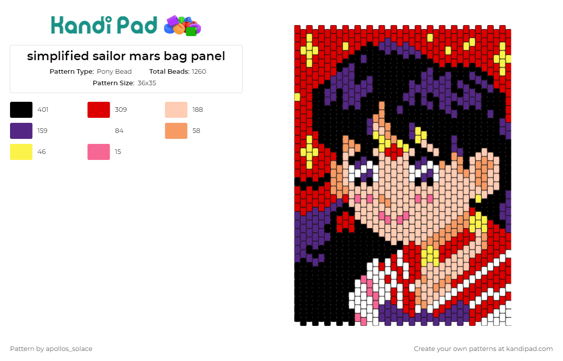 simplified sailor mars bag panel - Pony Bead Pattern by apollos_solace on Kandi Pad - sailor mars,sailor moon,bag,anime,nostalgia,character,unique,vibrant,art,red