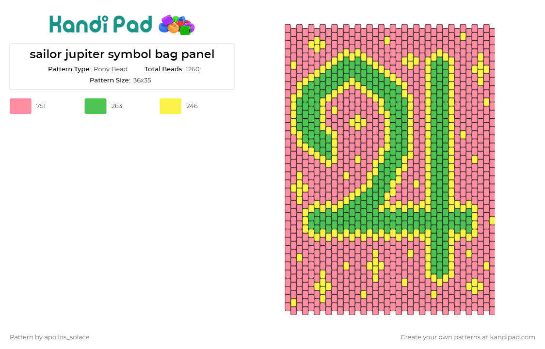 sailor jupiter symbol bag panel - Pony Bead Pattern by apollos_solace on Kandi Pad - sailor jupiter,sailor moon,bag,panel,anime,character,symbol,accessory,pink,green