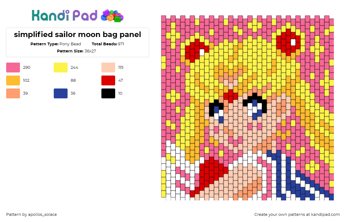 simplified sailor moon bag panel - Pony Bead Pattern by apollos_solace on Kandi Pad - sailor moon,bag,panel,anime,simplified,character,magical girl,manga,blonde,pink,